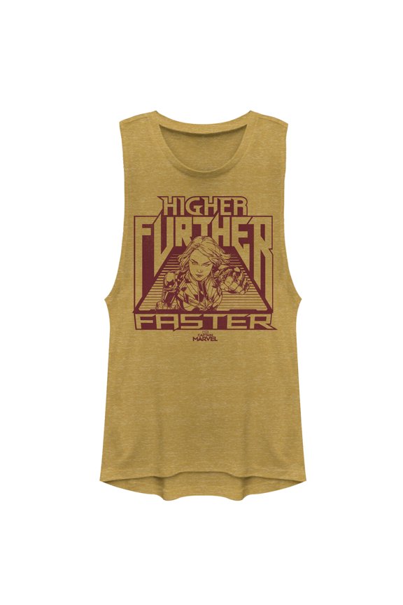 Junior's Marvel Captain Marvel Marvel Grayscale Higher Quote Festival Muscle Graphic Tee Gold Heather Large