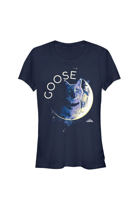 Junior's Marvel Captain Marvel Moon Goose Cat Graphic Tee Navy Blue 2X Large