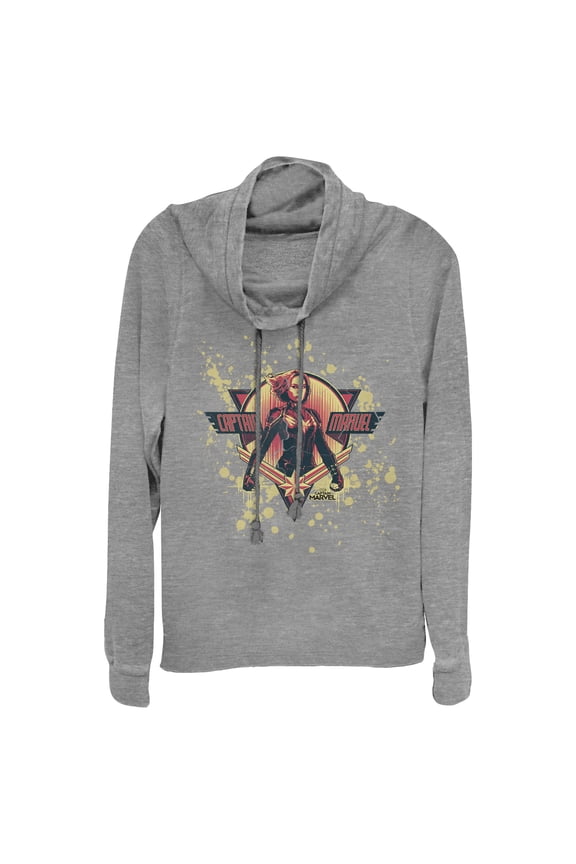Junior's Marvel Captain Marvel Paint Splatter Hero Cowl Neck Sweatshirt Gray Heather Small