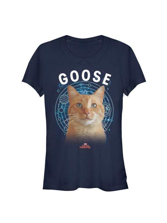Junior's Marvel Captain Marvel Planet Goose Cat Graphic Tee Navy Blue Small
