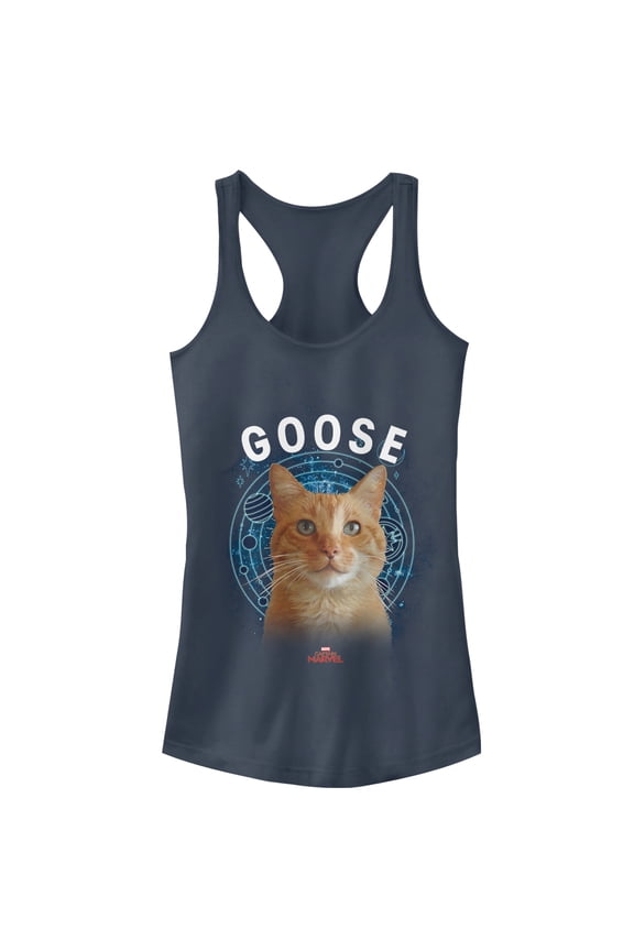 Junior's Marvel Captain Marvel Planet Goose Cat  Racerback Tank Top Indigo Large