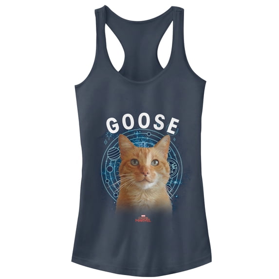 Junior's Marvel Captain Marvel Planet Goose Cat Racerback Tank Top Indigo Medium