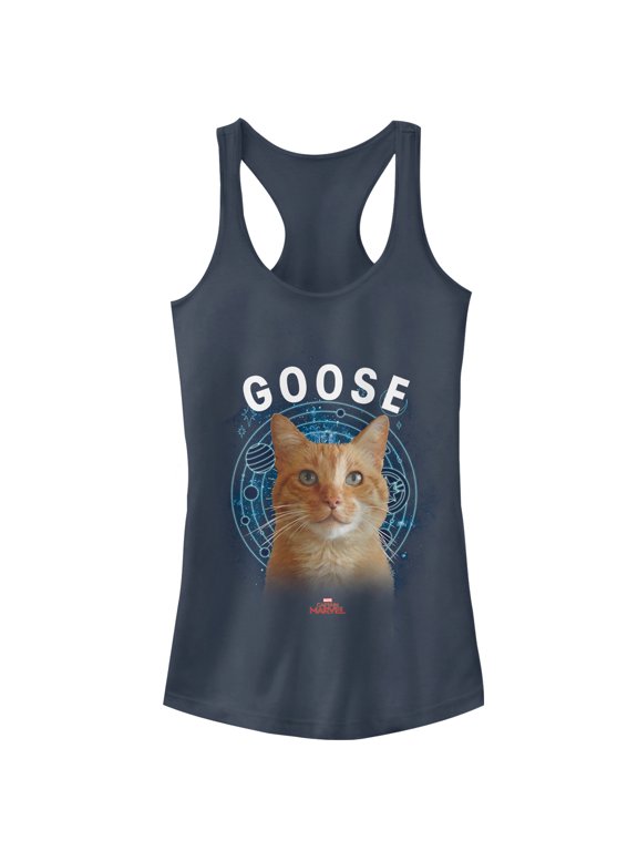 Junior's Marvel Captain Marvel Planet Goose Cat Racerback Tank Top Indigo X Small