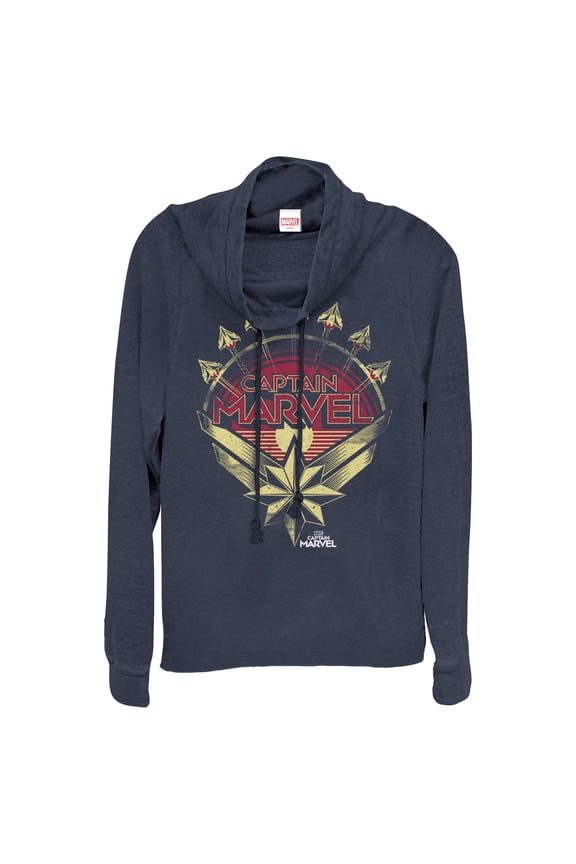 Junior's Marvel Captain Marvel Retro Fighter Jet Plane Cowl Neck Sweatshirt Navy Blue X Small