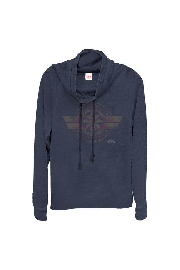 Junior's Marvel Captain Marvel Retro Star Emblem Cowl Neck Sweatshirt Navy Blue X Small