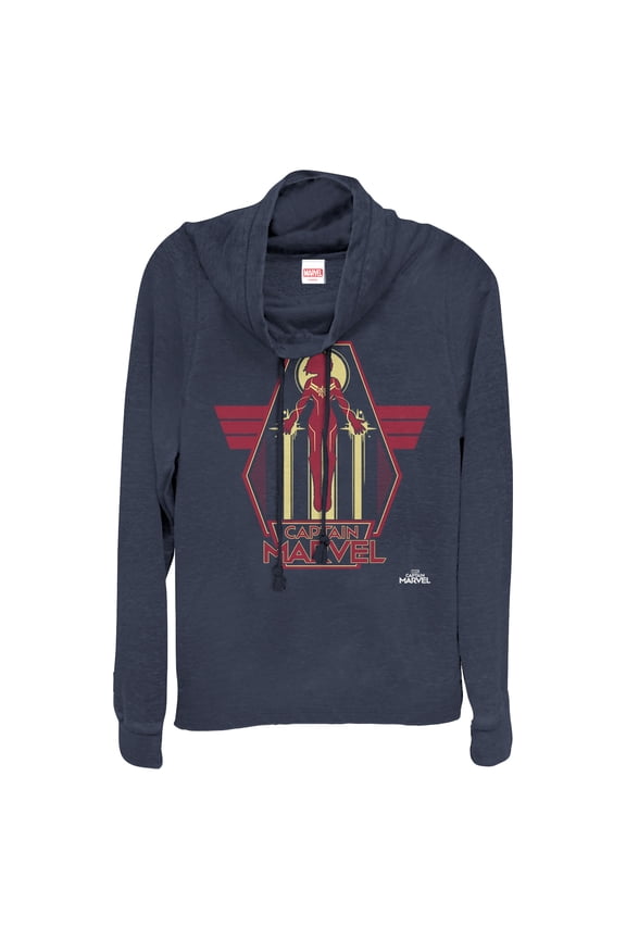 Junior's Marvel Captain Marvel Retro Take Flight Cowl Neck Sweatshirt Navy Blue 4X Large