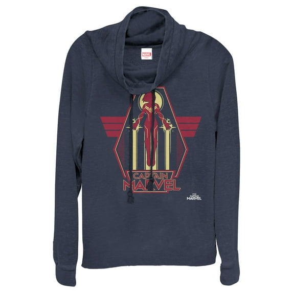 Junior's Marvel Captain Marvel Retro Take Flight Cowl Neck Sweatshirt Navy Blue X Small