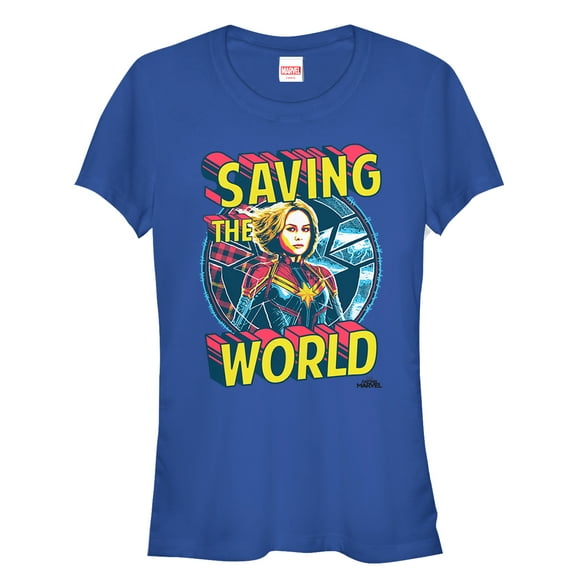 Junior's Marvel Captain Marvel Saving the World  Graphic Tee Royal Blue Medium