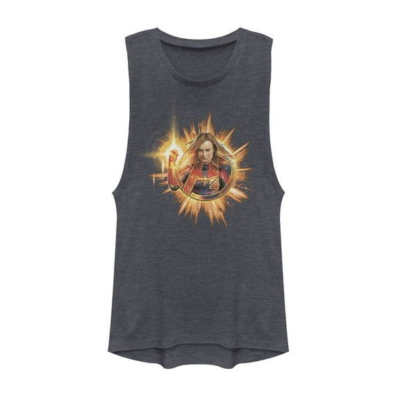 Junior's Marvel Captain Marvel Shining Star Festival Muscle Graphic Tee Denim Blue Heather Small