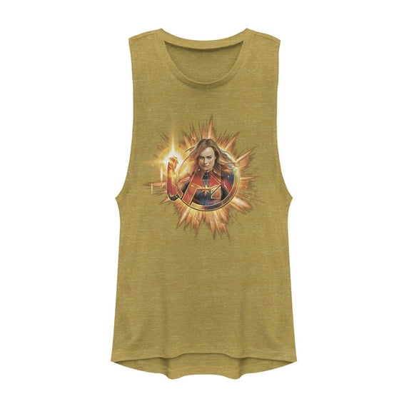 Junior's Marvel Captain Marvel Shining Star Festival Muscle Graphic Tee Gold Heather 2X Large