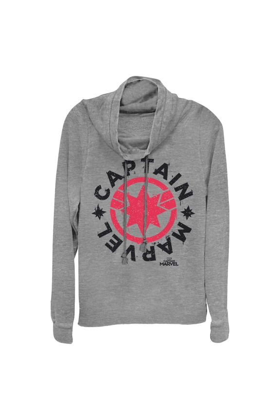 Junior's Marvel Captain Marvel Star Symbol Circle Cowl Neck Sweatshirt Gray Heather Small