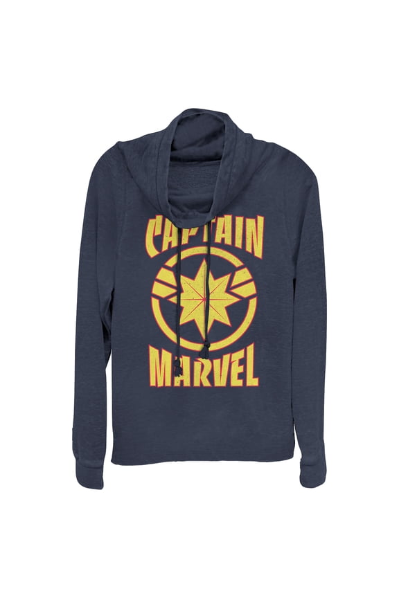 Junior's Marvel Captain Marvel Star Symbol Shield Cowl Neck Sweatshirt Navy Blue Large