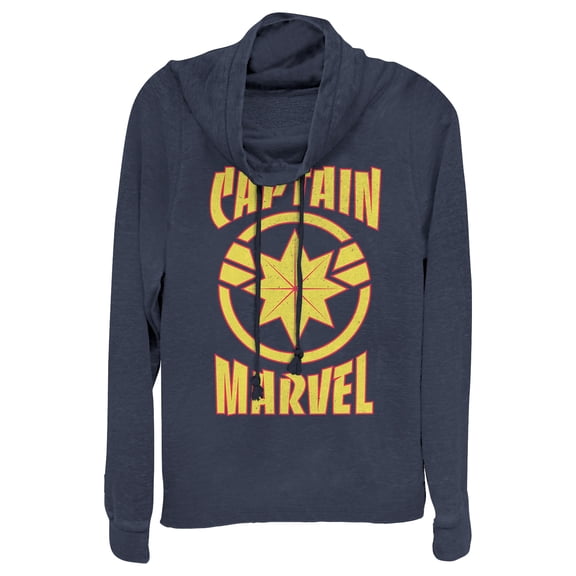 Junior's Marvel Captain Marvel Star Symbol Shield Cowl Neck Sweatshirt Navy Blue Medium