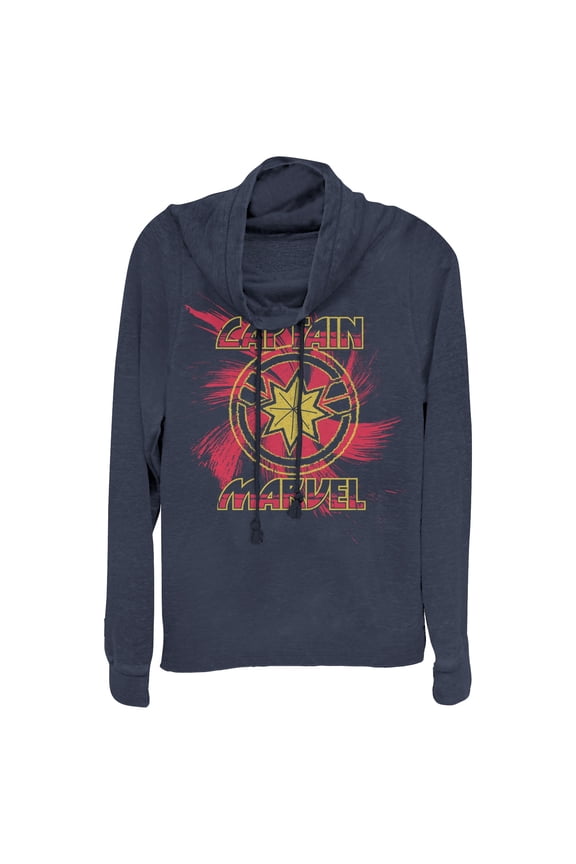 Junior's Marvel Captain Marvel Star Symbol Swirl Cowl Neck Sweatshirt Navy Blue Medium