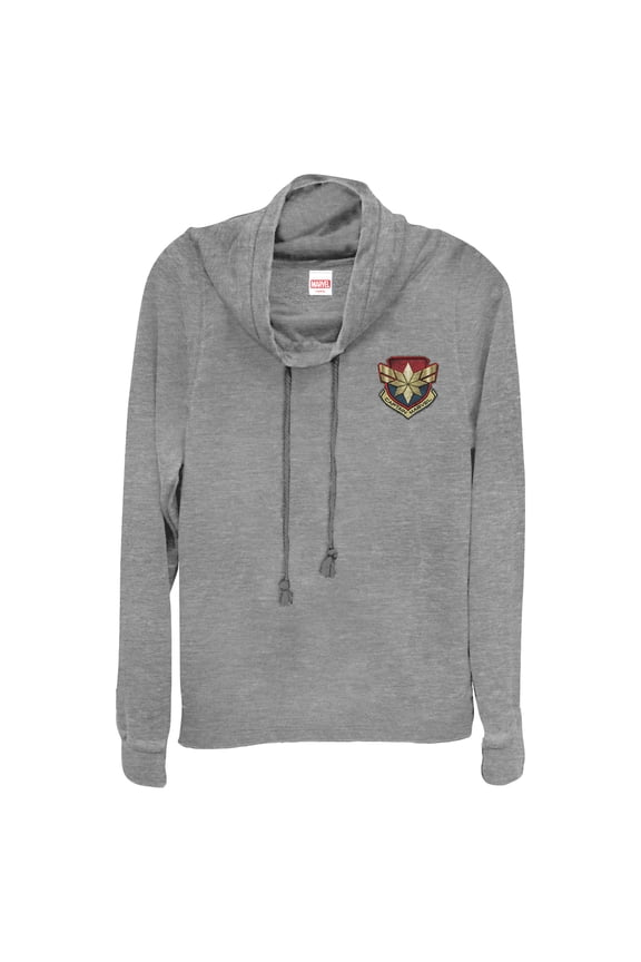 Junior's Marvel Captain Marvel Star Symbol Woven Print Cowl Neck Sweatshirt Gray Heather X Large