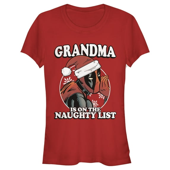 Junior's Marvel Christmas Deadpool Grandma on Naughty List Graphic Tee Red 2X Large