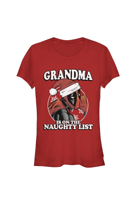 Junior's Marvel Christmas Deadpool Grandma on Naughty List Graphic Tee Red Medium