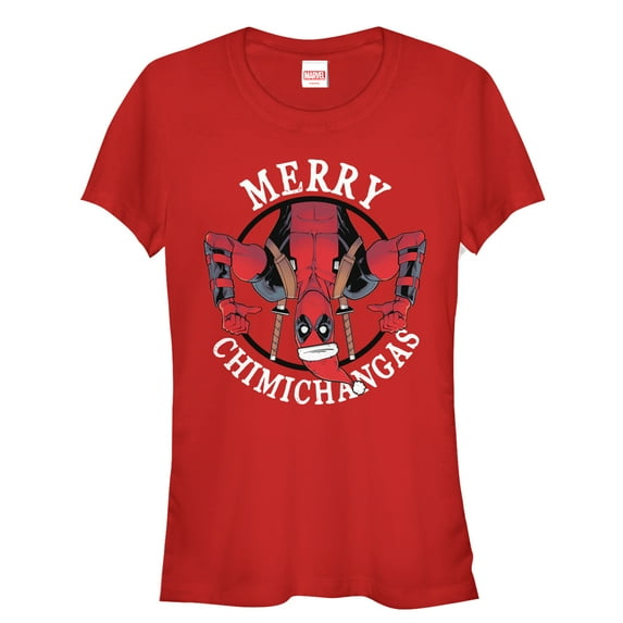 Junior's Marvel Christmas Deadpool Merry Chimichangas Graphic Tee Red Large