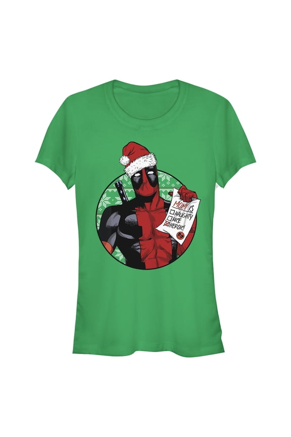 Junior's Marvel Christmas Deadpool Mom is Heroic Graphic Tee Kelly Green Medium