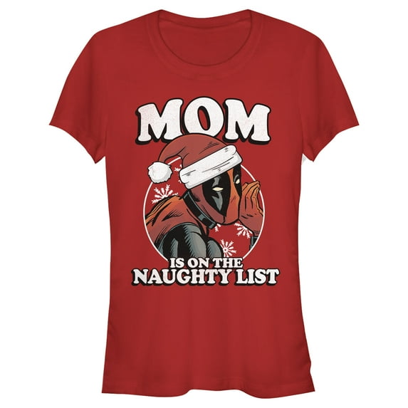 Junior's Marvel Christmas Deadpool Mom on Naughty List Graphic Tee Red Medium