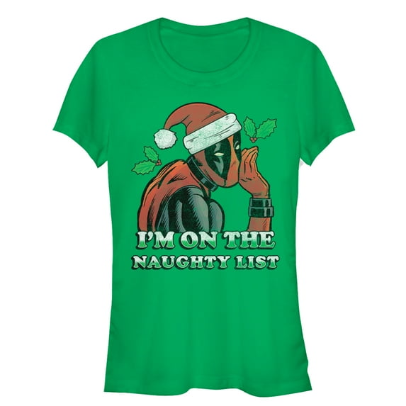 Junior's Marvel Christmas Deadpool Naughty List Graphic Tee Kelly Green Small