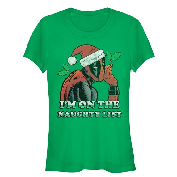 Junior's Marvel Christmas Deadpool Naughty List Graphic Tee Kelly Green X Large