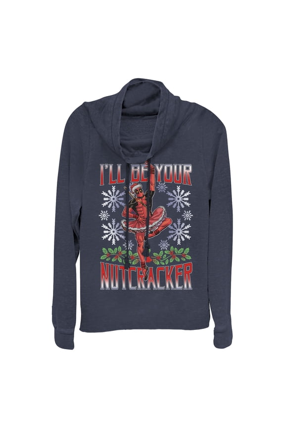 Junior's Marvel Christmas Deadpool Nutcracker Cowl Neck Sweatshirt Navy Blue Large