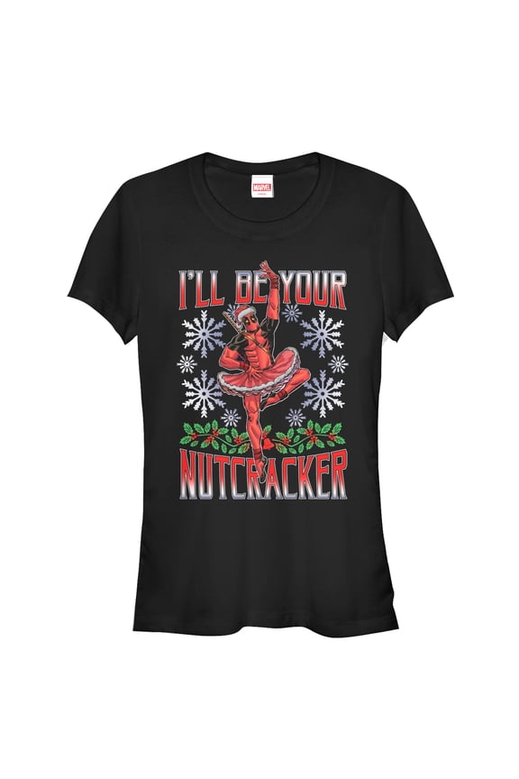 Junior's Marvel Christmas Deadpool Nutcracker Graphic Tee Black Large