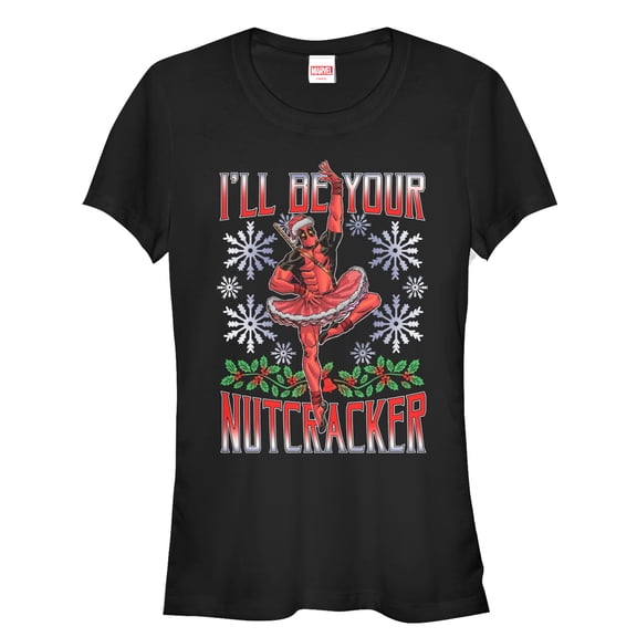 Junior's Marvel Christmas Deadpool Nutcracker Graphic Tee Black Medium