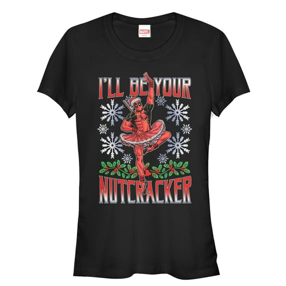 Junior's Marvel Christmas Deadpool Nutcracker Graphic Tee Black Small