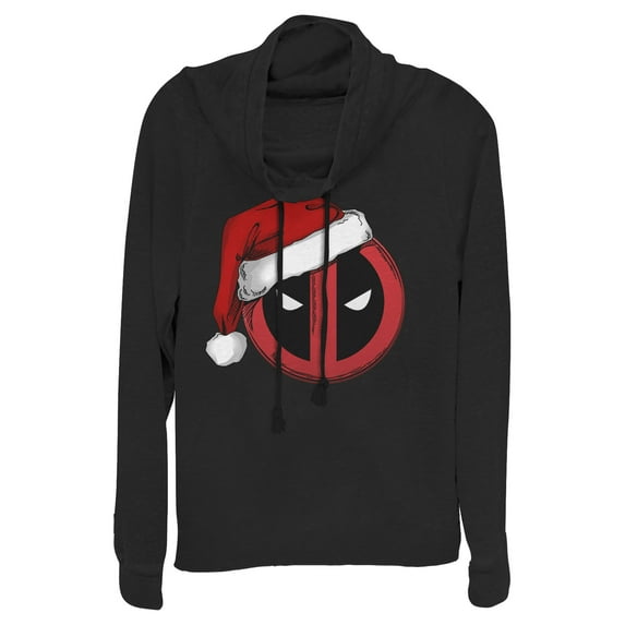 Junior's Marvel Christmas Deadpool Santa Hat Cowl Neck Sweatshirt Black 4X Large