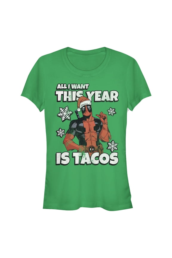Junior's Marvel Christmas Deadpool Santa Tacos Graphic Tee Kelly Green Medium