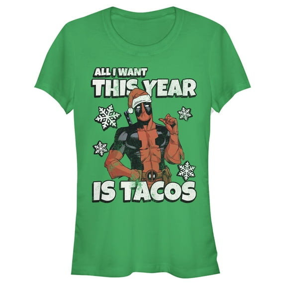 Junior's Marvel Christmas Deadpool Santa Tacos Graphic Tee Kelly Green Small
