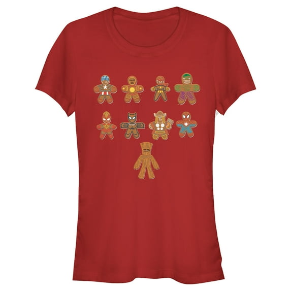 Junior's Marvel Christmas Gingerbread Cookie Avengers Graphic Tee Red Medium