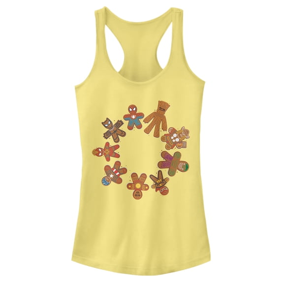 Junior's Marvel Christmas Gingerbread Cookie Circle Racerback Tank Top Banana Small