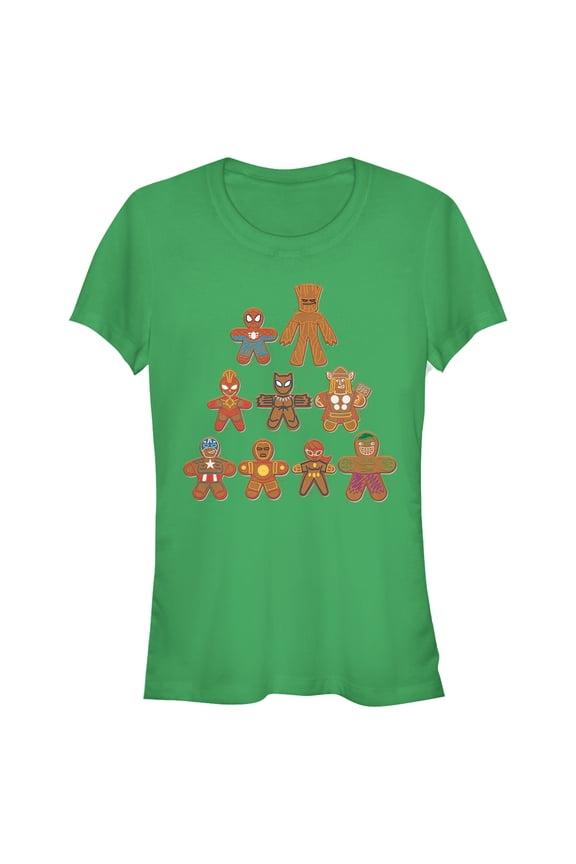 Junior's Marvel Christmas Gingerbread Cookie Tree Graphic Tee Kelly Green Medium