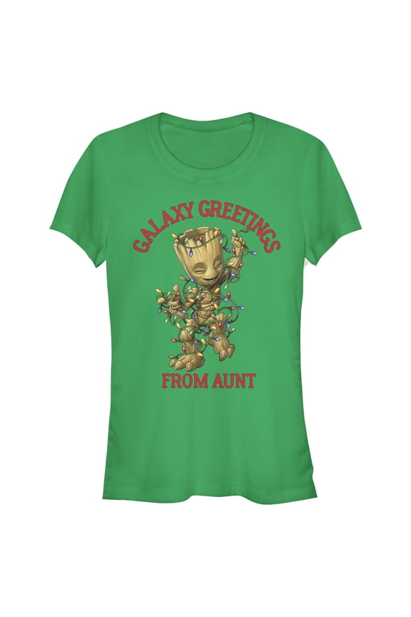 Junior's Marvel Christmas Groot Galaxy Greetings Aunt Graphic Tee Kelly Green Small