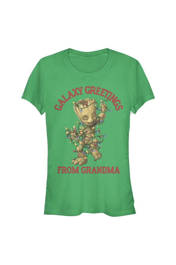 Junior's Marvel Christmas Groot Galaxy Greetings Grandma  Graphic Tee Kelly Green Medium