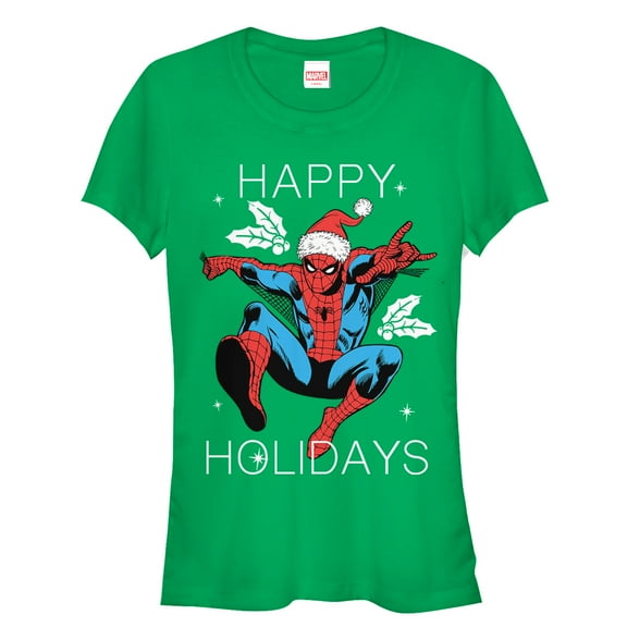 Junior's Marvel Christmas Holly Spider-Man Graphic Tee Kelly Green X Large