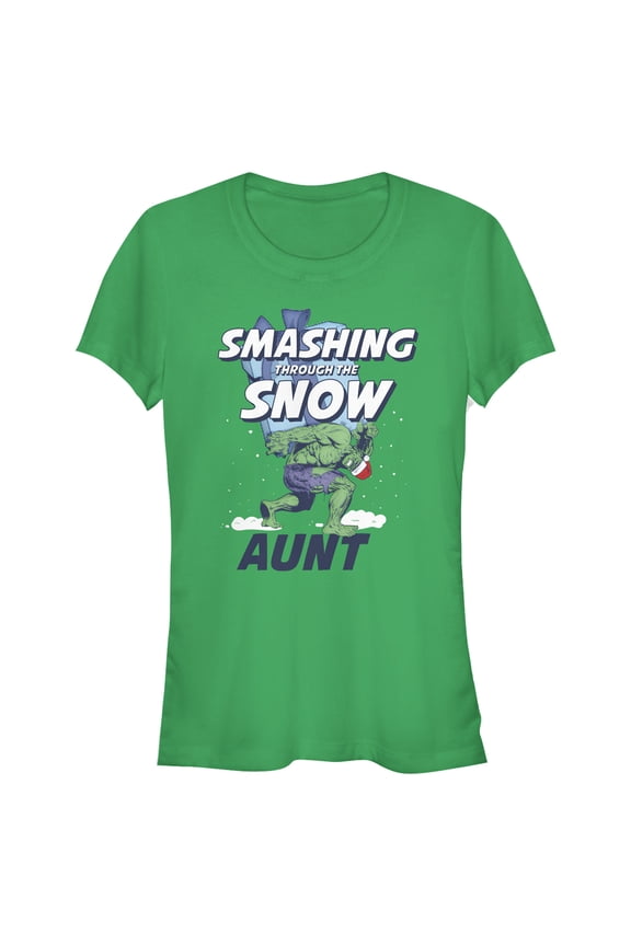 Junior's Marvel Christmas Hulk Aunt Snow Graphic Tee Kelly Green Small