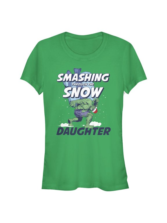 Junior's Marvel Christmas Hulk Daughter Snow Graphic Tee Kelly Green Large