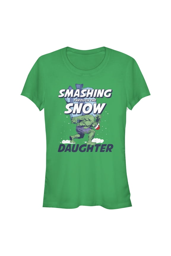 Junior's Marvel Christmas Hulk Daughter Snow Graphic Tee Kelly Green X Large