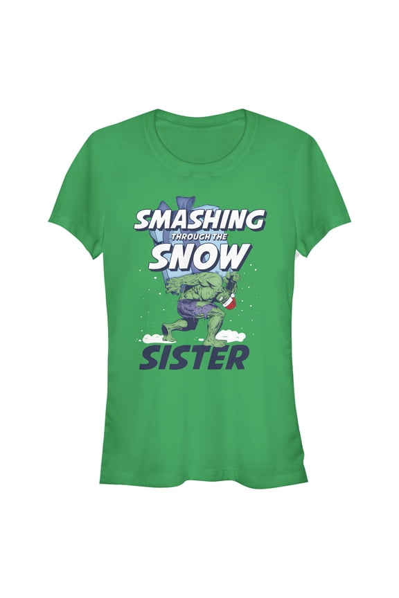 Junior's Marvel Christmas Hulk Sister Snow Graphic Tee Kelly Green 2X Large