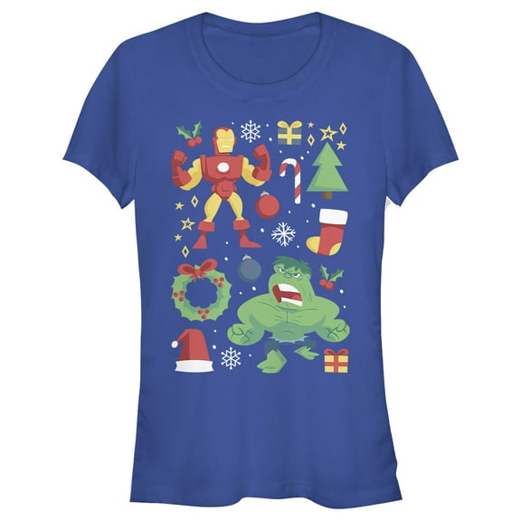 Junior's Marvel Christmas Iron Man & Hulk Cheer  Graphic Tee Royal Blue 2X Large