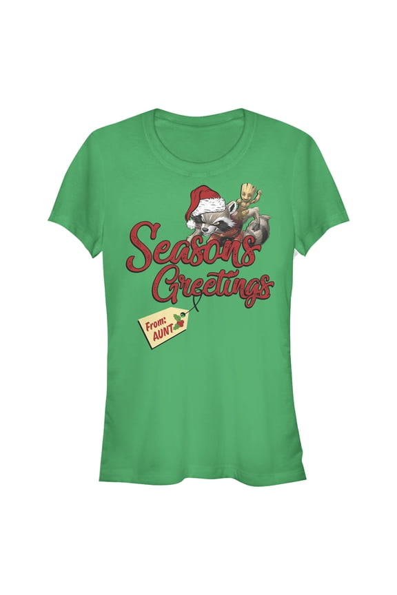 Junior's Marvel Christmas Rocket & Groot Aunt Greetings Graphic Tee Kelly Green Large