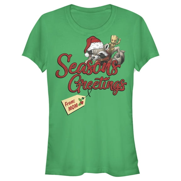 Junior's Marvel Christmas Rocket & Groot Mom Greetings  Graphic Tee Kelly Green Medium