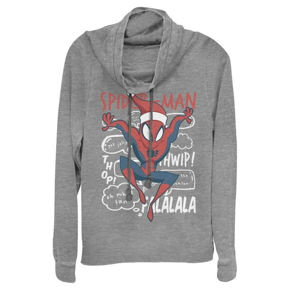 Junior's Marvel Christmas Spider-Man Jolly Text Cowl Neck Sweatshirt Gray Heather 3X Large