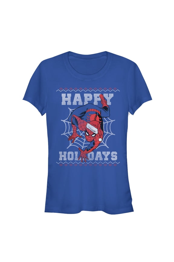 Junior's Marvel Christmas Spider-Man Web Graphic Tee Royal Blue 2X Large