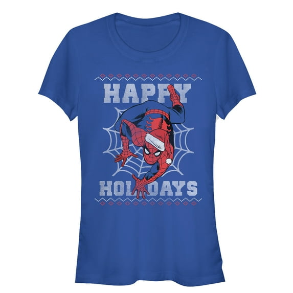 Junior's Marvel Christmas Spider-Man Web Graphic Tee Royal Blue Small