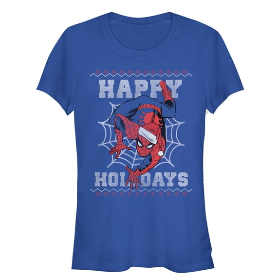Junior's Marvel Christmas Spider-Man Web Graphic Tee Royal Blue X Large